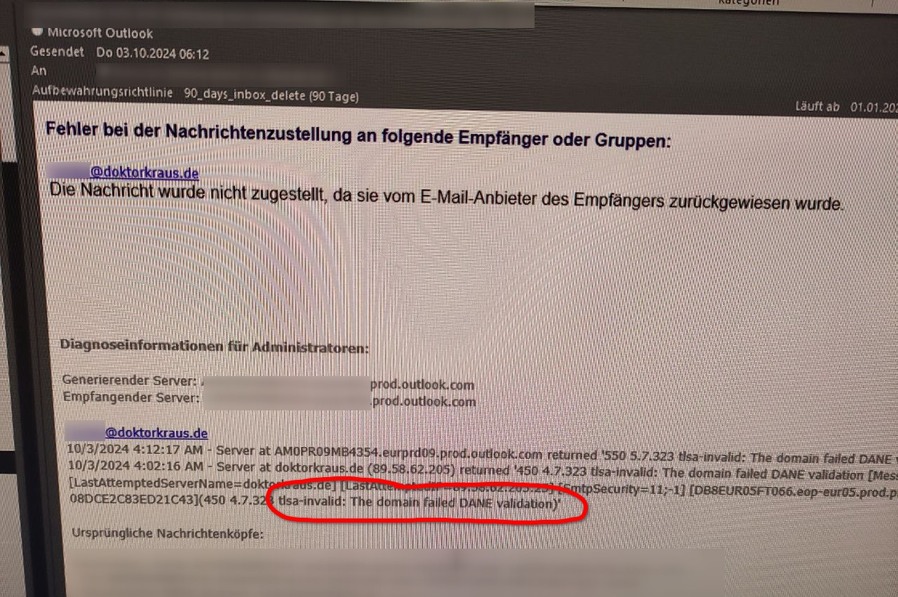 (German) screenshot of an e-mail delivery error due to an invalid TLSA record